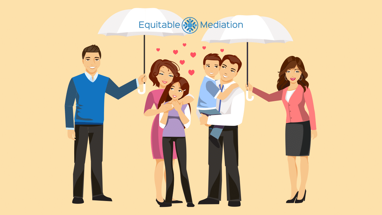 How Divorce Mediation Works | Equitable Mediation Illustration of a mediator guiding a couple through each step of divorce mediation—from initial intake to agreement signing—using a whiteboard and supportive gestures. Want to understand how mediation works for your situation? Call Equitable Mediation at (877) 732-6682 to learn more today.