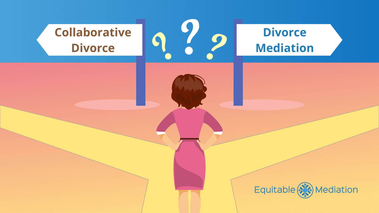 Illustration showing two signposts labeled “Mediation” and “Collaborative Divorce” against a calm background, guiding partners toward the best path for their situation. Unsure which route is right? Call Equitable Mediation at (877) 732-6682 for expert help choosing the method that works for you.