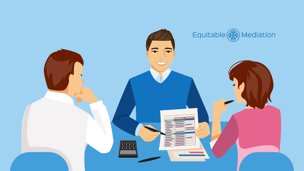 Infographic depicting the four-step divorce mediation process—initial consultation, agreement drafting, negotiation sessions, and final settlement—each represented by simple icons in a timeline. Want a guided, peaceful path through your divorce? Call Equitable Mediation at (877) 732-6682 to begin today.