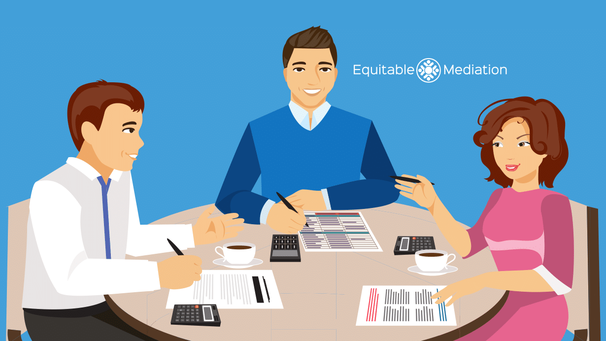 Illustration of a mediator guiding a couple through each step of divorce mediation—from initial intake to agreement signing—using a whiteboard and supportive gestures. Want to understand how mediation works for your situation? Call Equitable Mediation at (877) 732-6682 to learn more today.