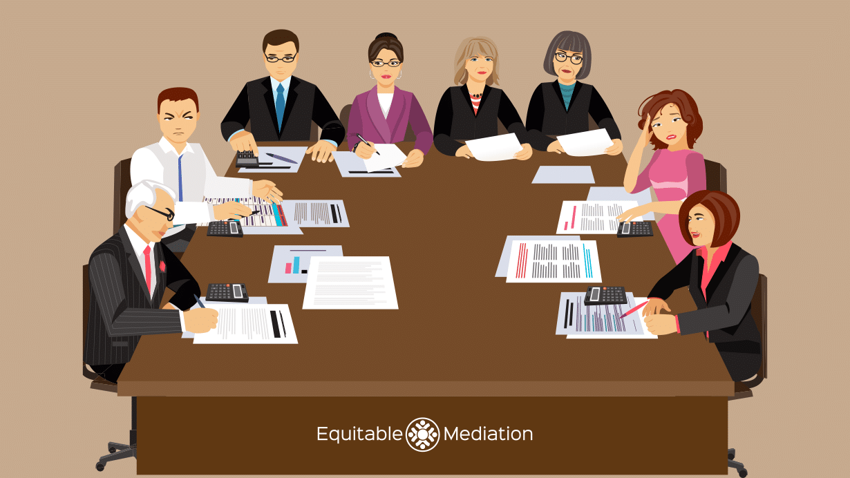 Flowchart-style graphic illustrating the collaborative law process steps—initial consultation, signed participation agreements, joint meetings with attorneys, and final settlement—branded with Equitable Mediation’s logo. Curious how collaborative law can work for you? Call Equitable Mediation at (877) 732-6682 to learn more today.