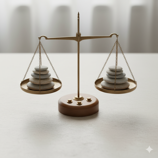 Perfectly balanced scale with equal stones symbolizing fairness in crafting a California Spousal Support Agreement through thoughtful mediation. For guidance toward an equitable solution, call Equitable Mediation at (877) 732-6682.