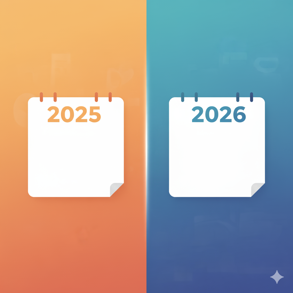 Split-screen image of 2025 and 2026 calendars symbolizing the new tax treatment for Alimony in California under Senate Bill 711. Understand how these changes impact your spousal support—consult Equitable Mediation before finalizing your agreement.