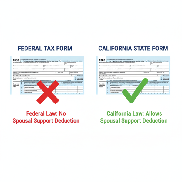 Split-screen showing federal tax form with no deduction and California form with deduction checkmark, highlighting tax differences for California Spousal Support. Call Equitable Mediation at (877) 732-6682 for guidance on managing spousal support taxes.