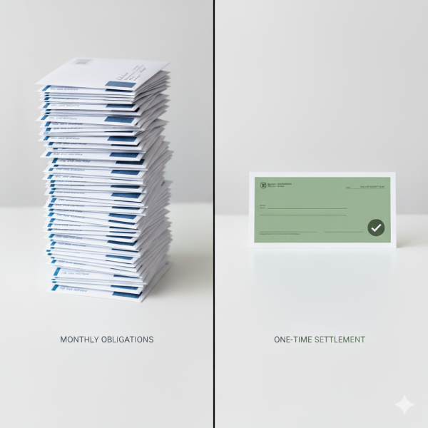 Split comparison of stacked monthly payment envelopes versus a single large check illustrating options for California Spousal Support. For guidance on structuring fair spousal support, call Equitable Mediation at (877) 732-6682.