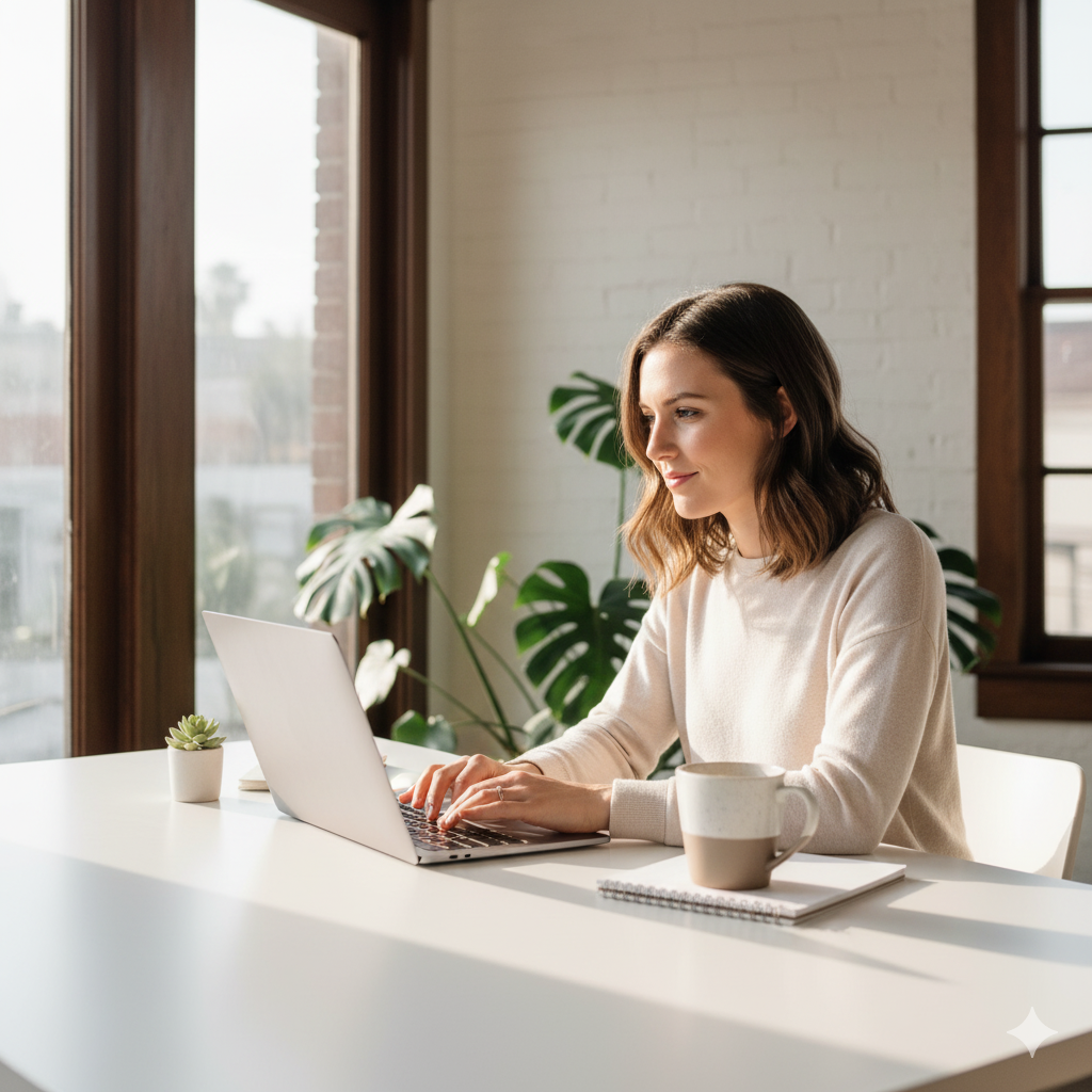 Person working confidently on a laptop after resolving Alimony in California with Equitable Mediation. Begin your next chapter with clarity—contact Equitable Mediation today to plan your post-divorce financial future with confidence.