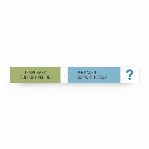 Minimalist timeline showing temporary and long-term alimony phases presented by Equitable Mediation. Call (877) 732-6682 for guidance on understanding your support duration.