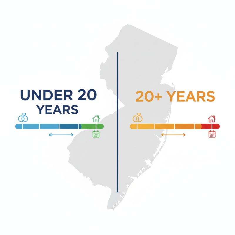 Alimony in New Jersey guidance by Equitable Mediation explaining the difference between under 20-year marriages and 20+ year marriages for spousal support duration. Call (877) 732-6682 to learn how long alimony may last in your situation.