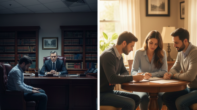 Couple reviewing divorce options and learning why hiring a divorce attorney first can increase conflict and legal fees, with mediation offering a more peaceful and affordable path. Call (877) 732-6682 for guidance from Equitable Mediation.”