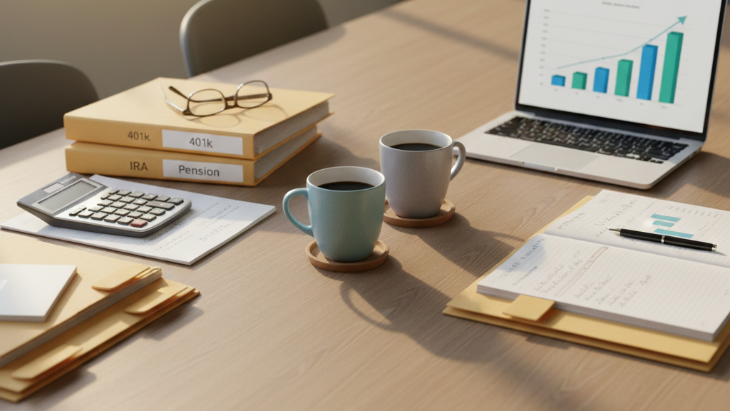 Financial planning scene with 401(k), IRA, and pension documents, as divorcing spouses review retirement assets. Call Equitable Mediation at (877) 732-6682 for experienced guidance.