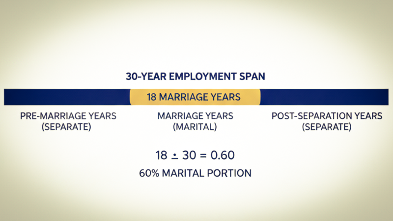 Understanding pension division in divorce using the coverture formula to calculate marital versus separate service years and determine the portion subject to equitable distribution with guidance from Equitable Mediation. Call us today (877) 732-6682.