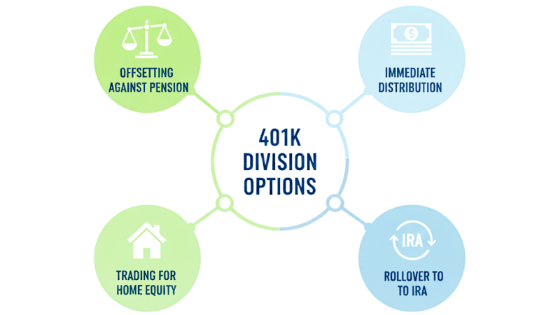 Couples working through retirement division strategies in mediation, comparing 401(k)s, pensions, and asset trade-offs to create balanced, tax-efficient agreements with Equitable Mediation. Call (877) 732-6682 today.