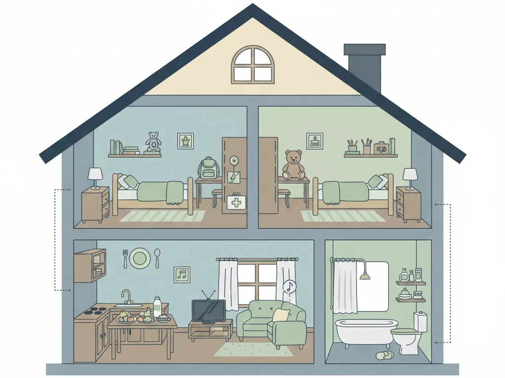 Illustrated cutaway of a home with children’s bedrooms, a kitchen, a living room, and a bathroom, representing the shelter and household costs basic child support covers.