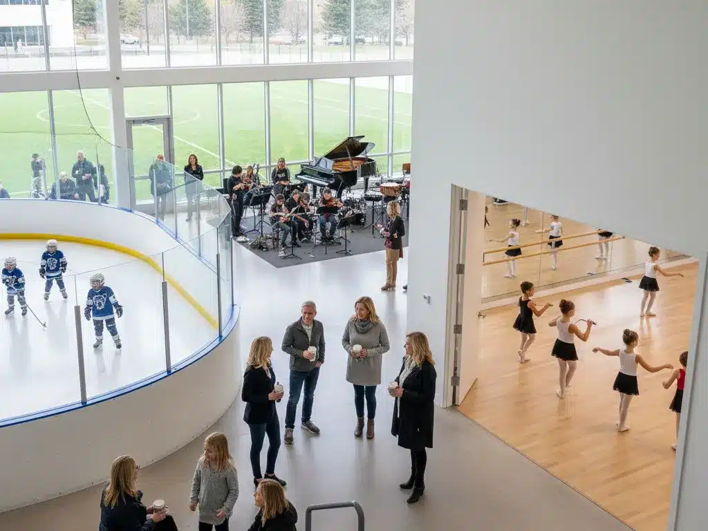 Parents chatting at a community center while children play youth hockey, perform in a music ensemble, and take a ballet class, showing extracurricular activities parents often agree to share.